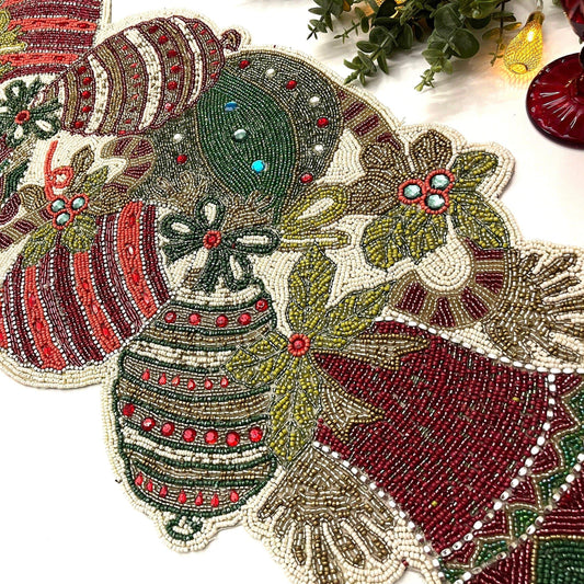 Christmas Bell and Ornament Beaded Table Runner - MAIA HOMES