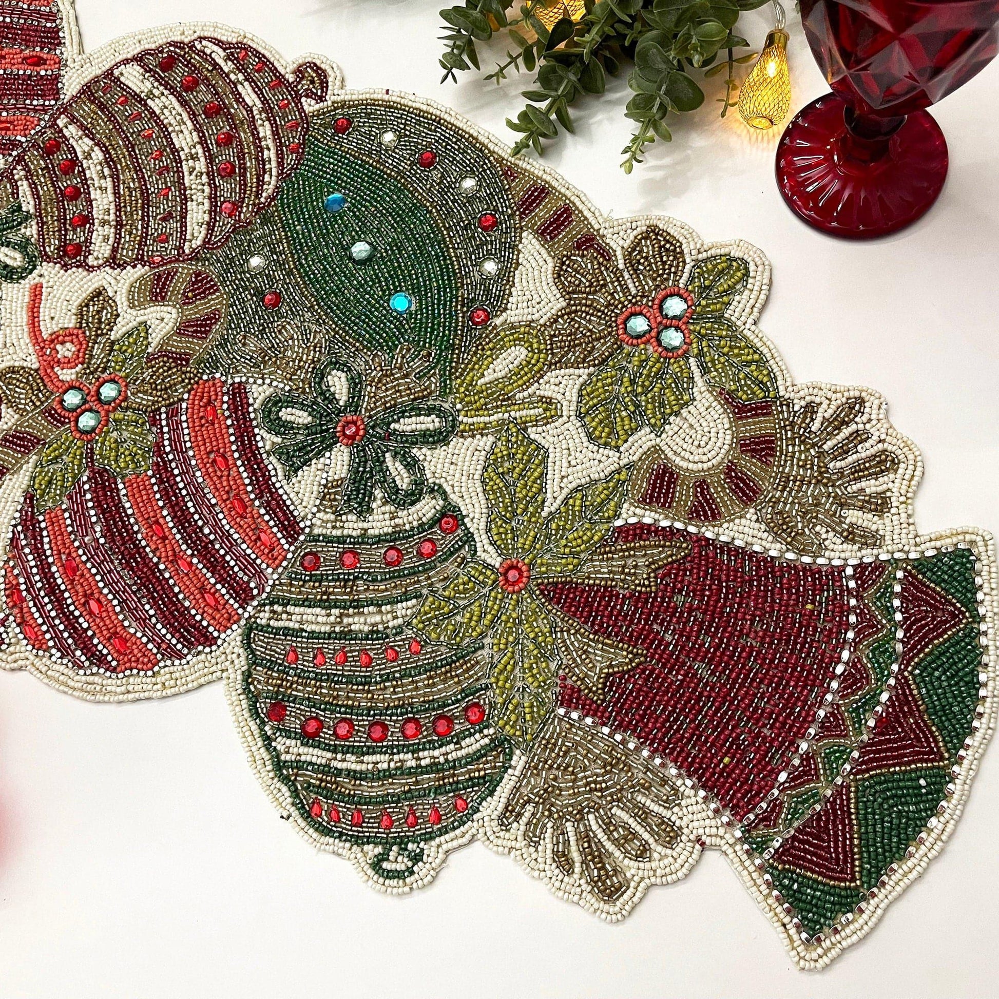 Christmas Bell and Ornament Beaded Table Runner - MAIA HOMES