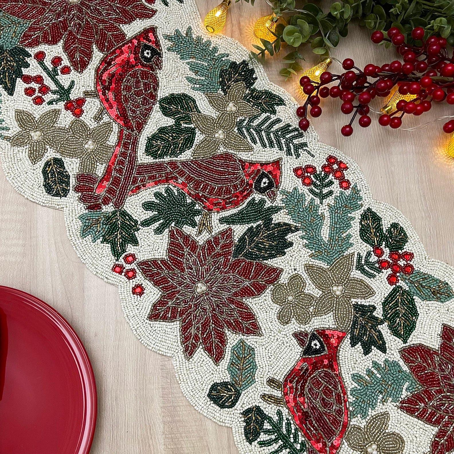 Christmas Birds and Flowers Beaded Table Runner Default Title