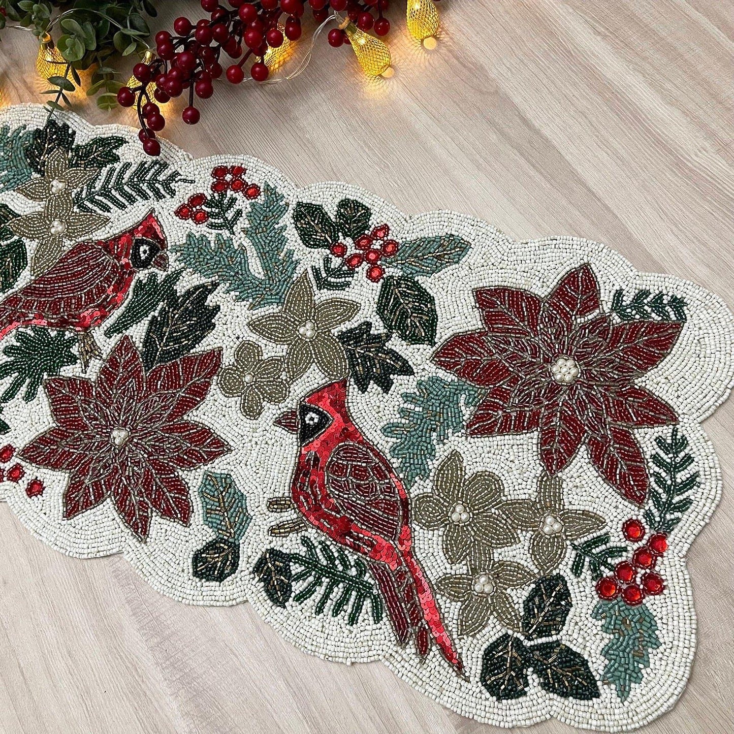 Christmas Birds and Flowers Beaded Table Runner