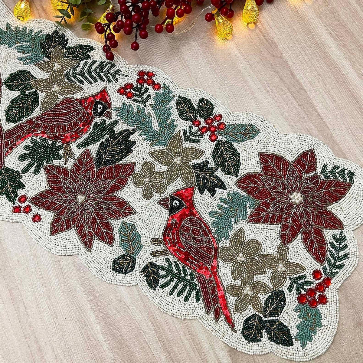 Christmas Birds and Flowers Beaded Table Runner