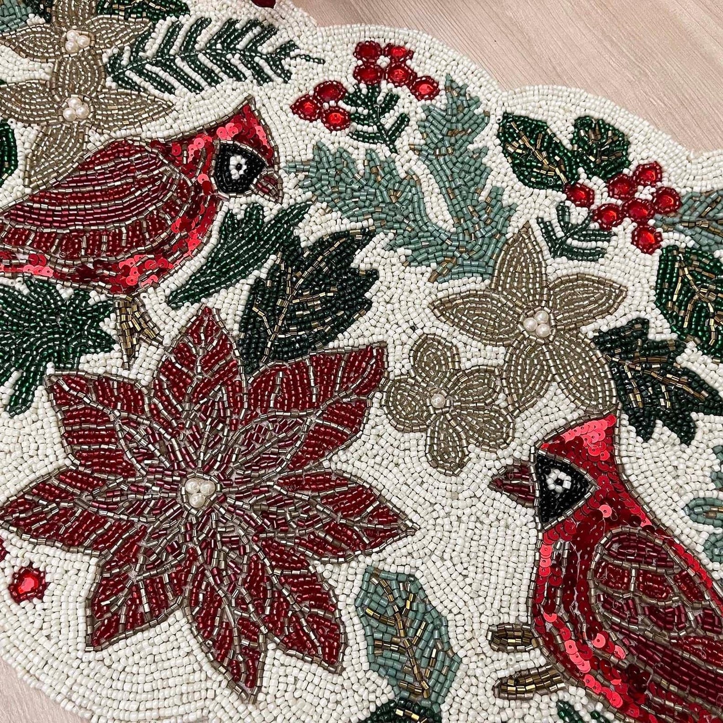 Christmas Birds and Flowers Beaded Table Runner - MAIA HOMES