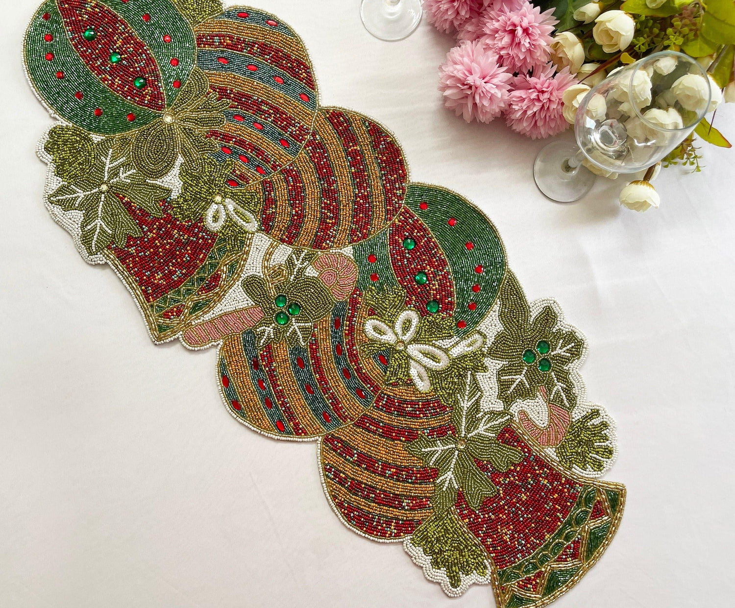 Christmas Delight Beaded Table Runner - Red and Gold Default Title