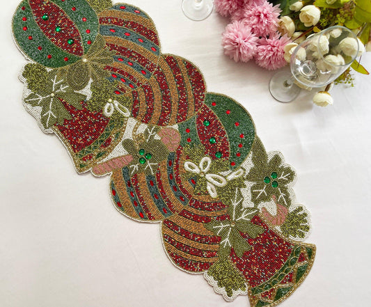 Christmas Delight Beaded Table Runner - Red and Gold - MAIA HOMES
