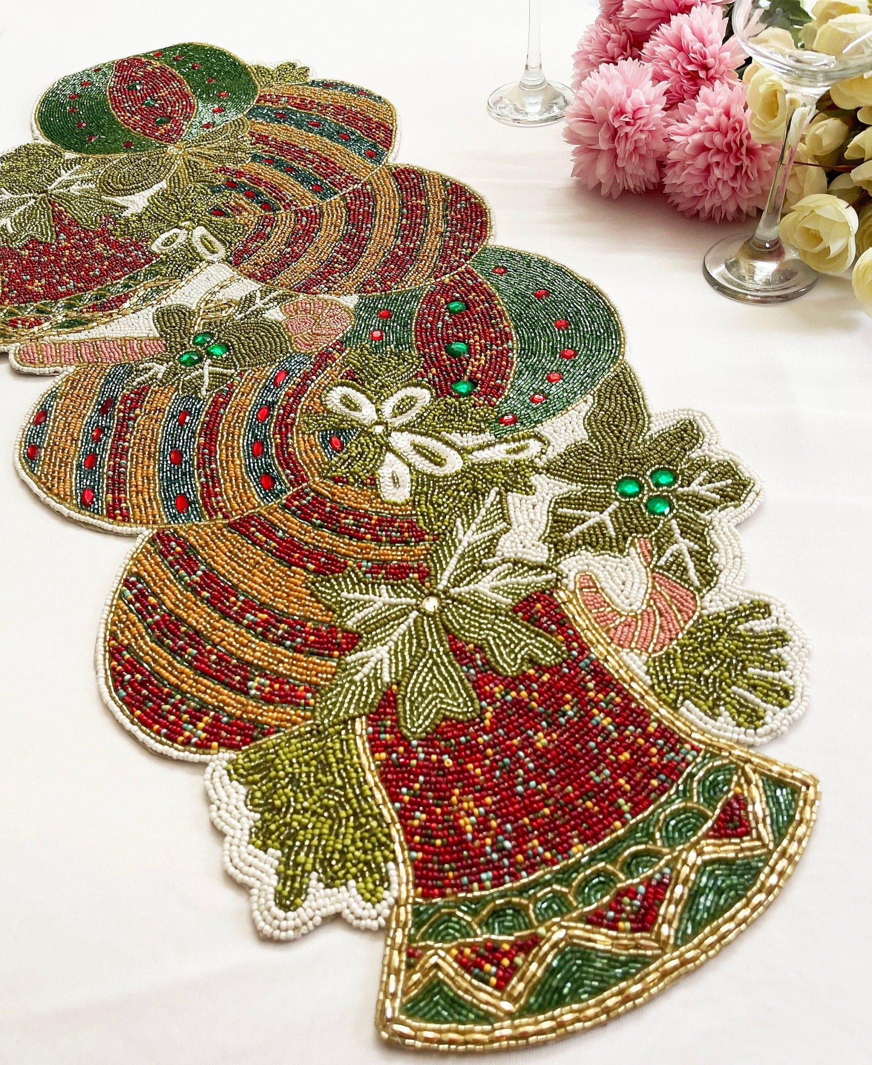 Christmas Delight Beaded Table Runner - Red and Gold