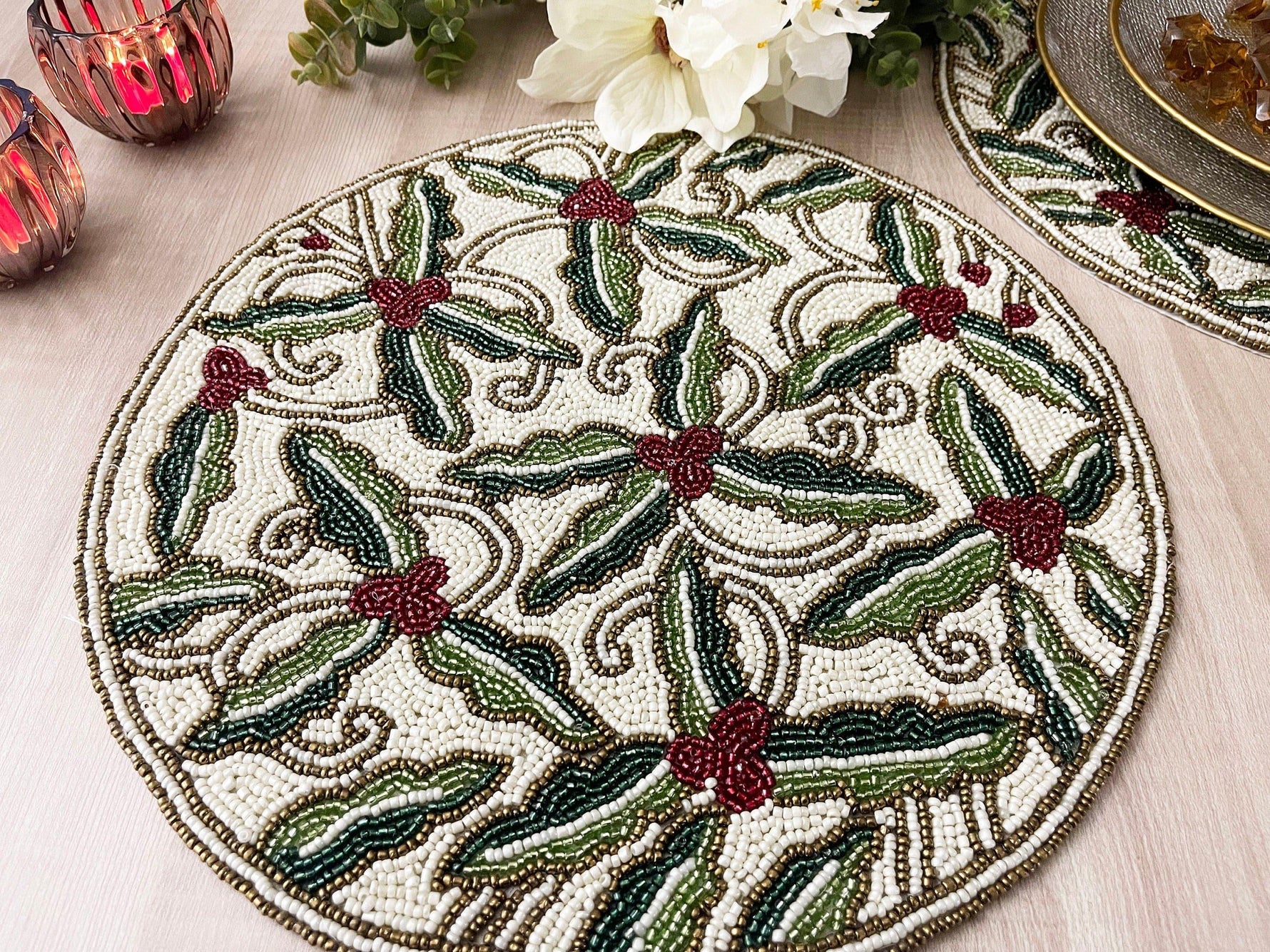 Christmas Floral Round Beaded Placemat