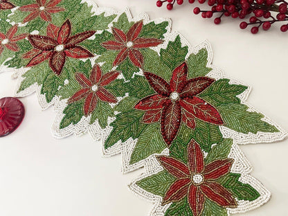 Christmas Flowers and Leaves Beaded Table Runner - MAIA HOMES