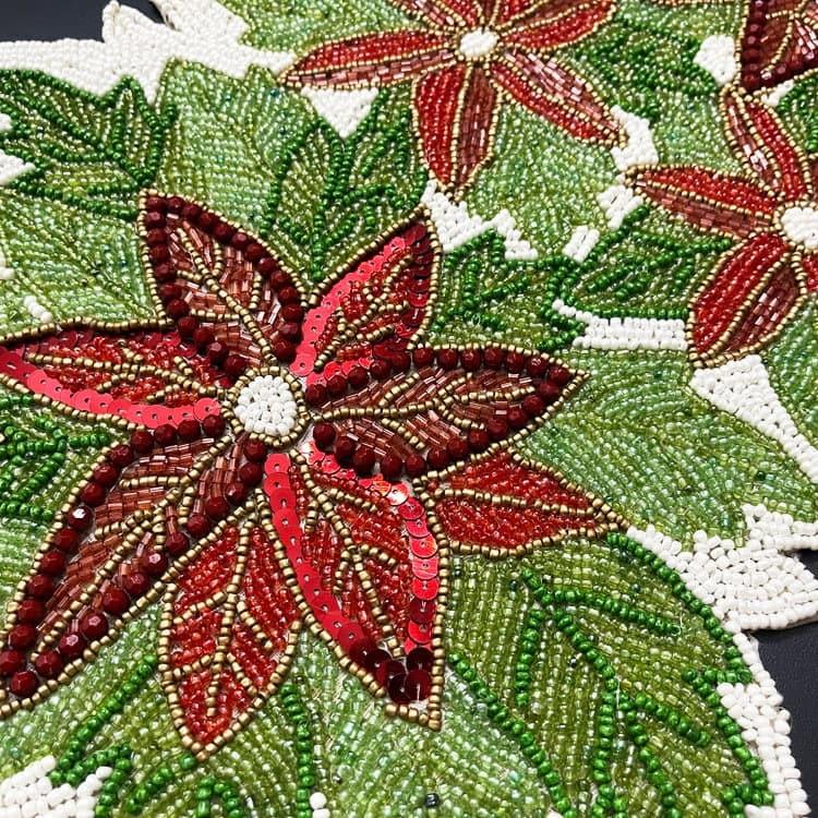 Christmas Flowers and Leaves Beaded Table Runner