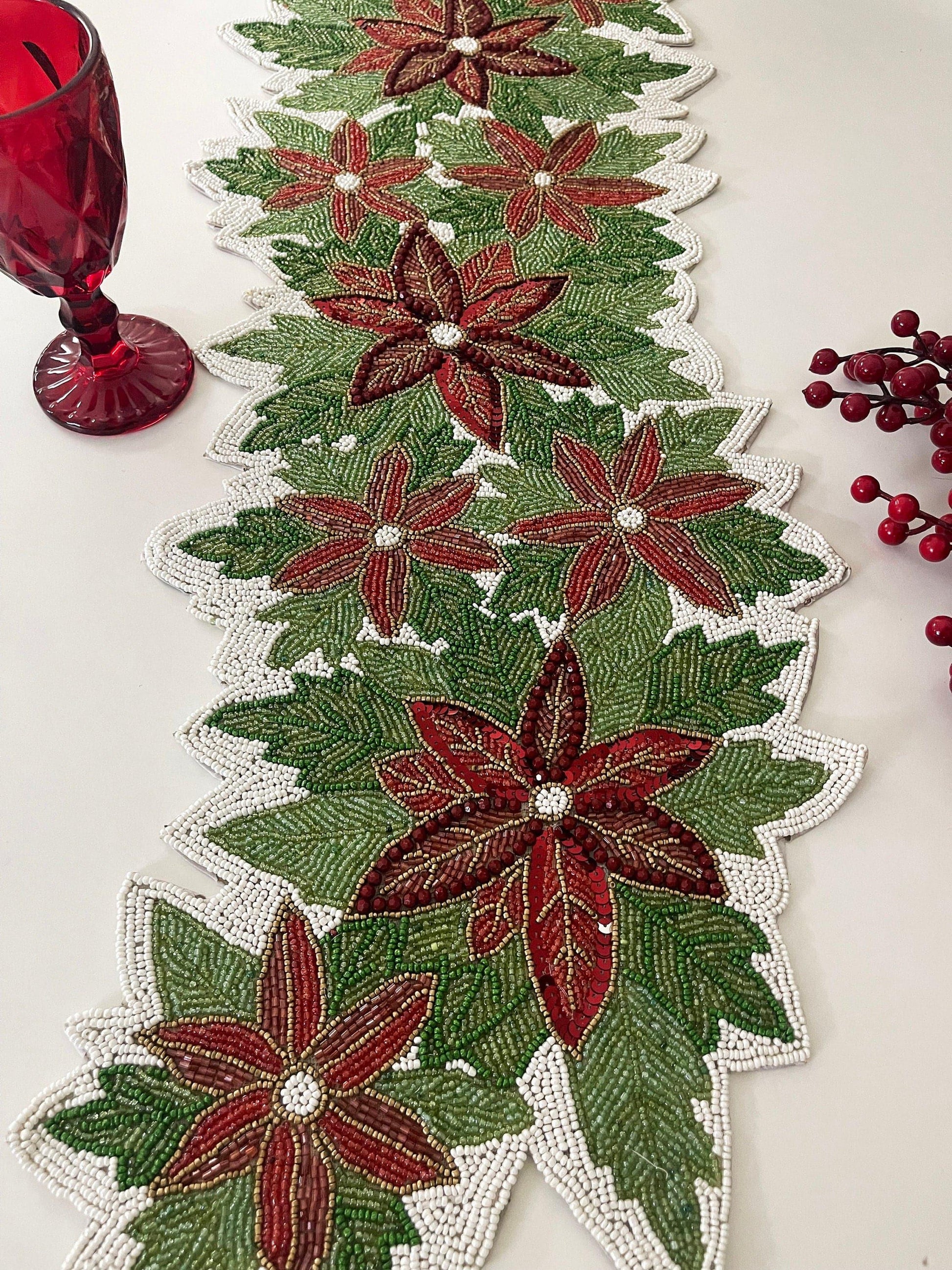 Christmas Flowers and Leaves Beaded Table Runner - MAIA HOMES