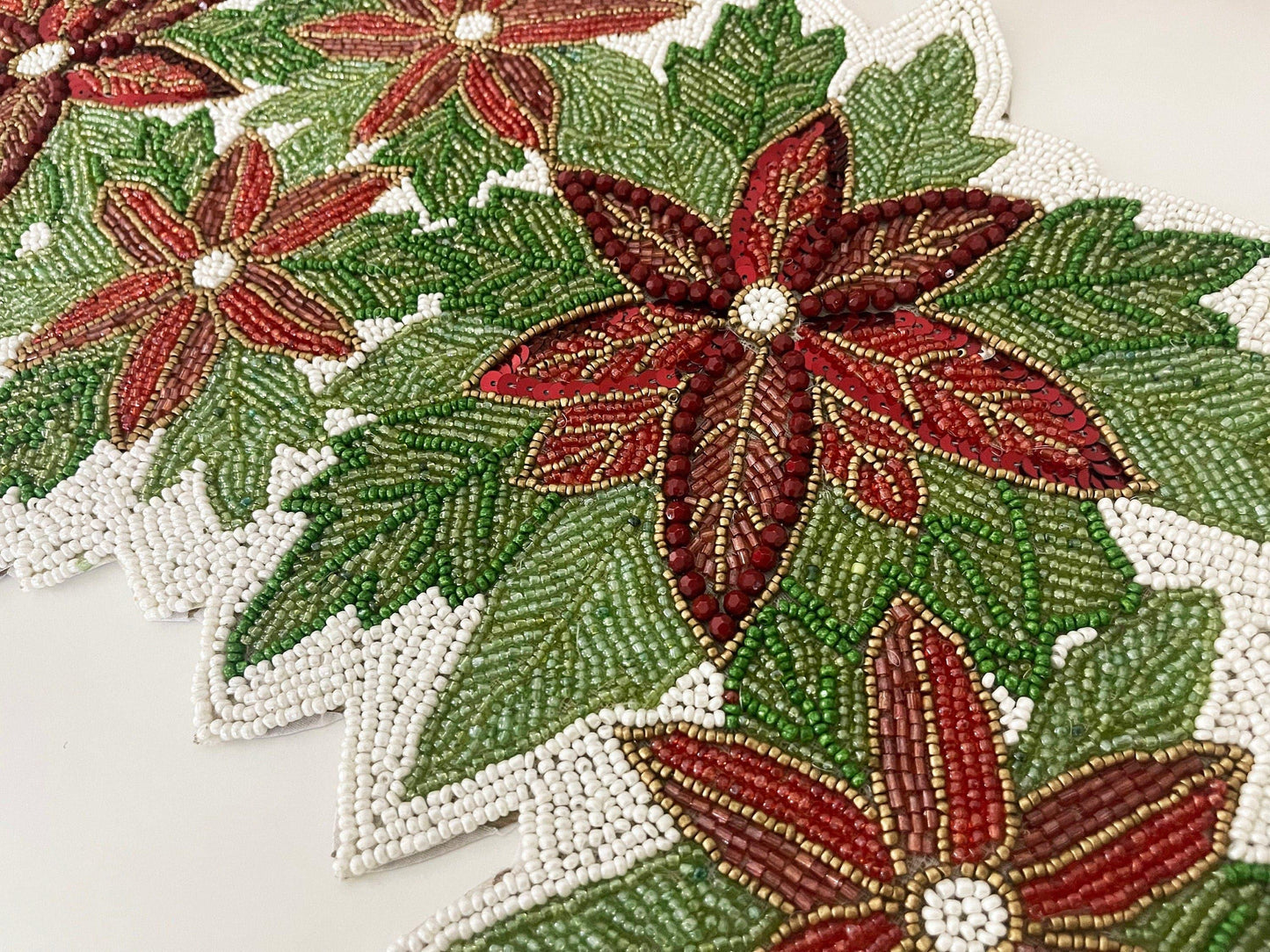 Christmas Flowers and Leaves Beaded Table Runner