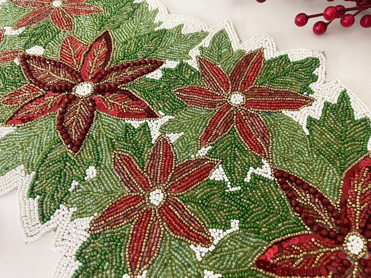 Christmas Flowers and Leaves Beaded Table Runner