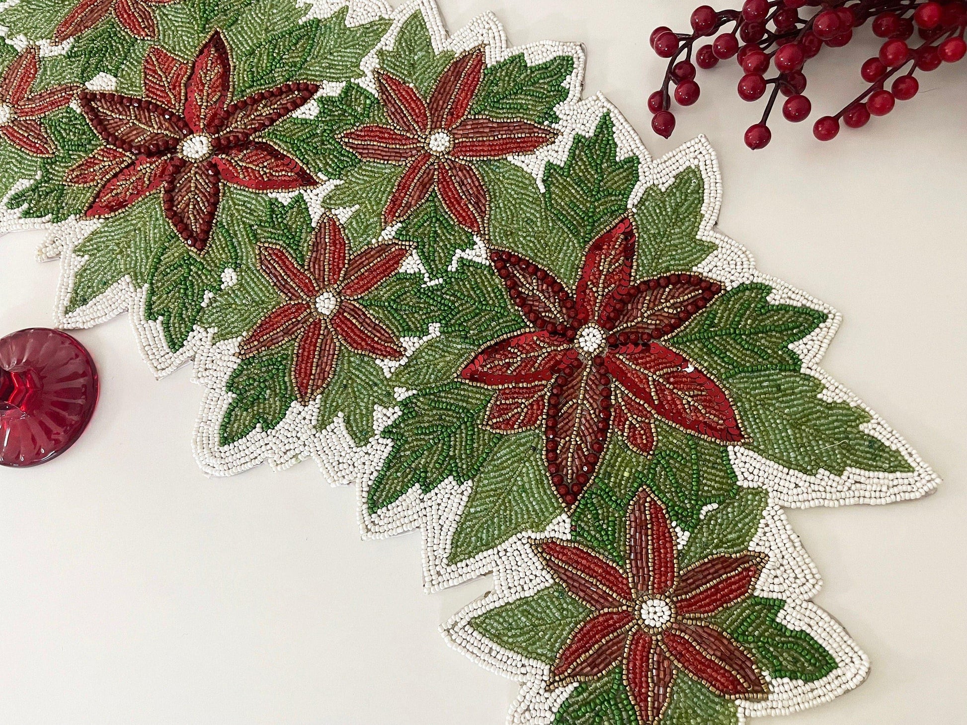 Christmas Flowers and Leaves Beaded Table Runner