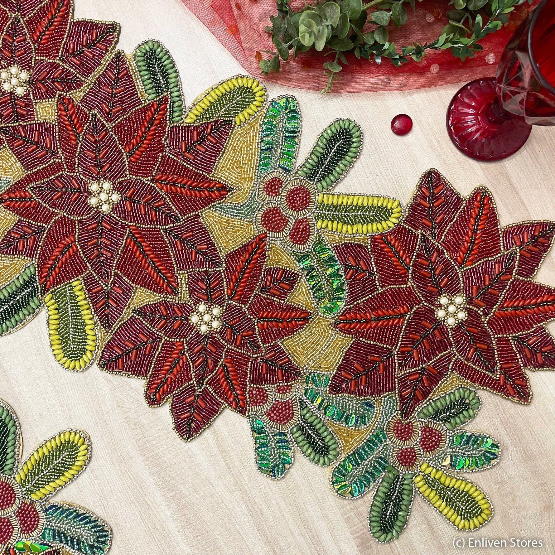 Christmas Flowers Beaded Table Runner - Poinsettia