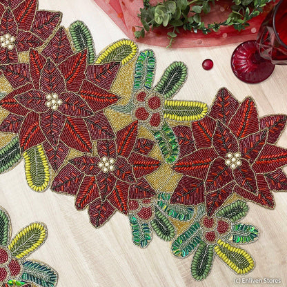 Christmas Flowers Beaded Table Runner - Poinsettia - MAIA HOMES