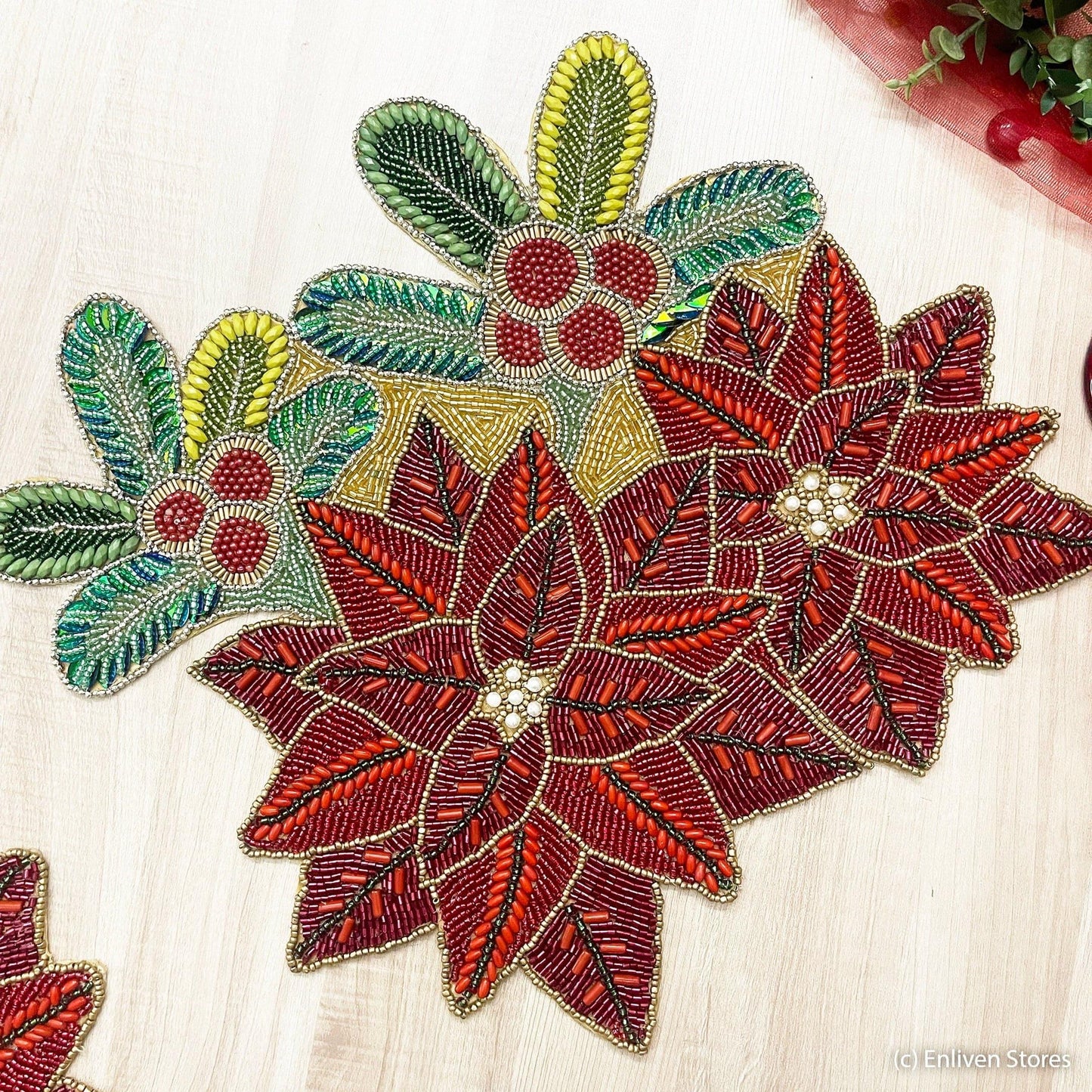 Christmas Flowers Beaded Table Runner - Poinsettia