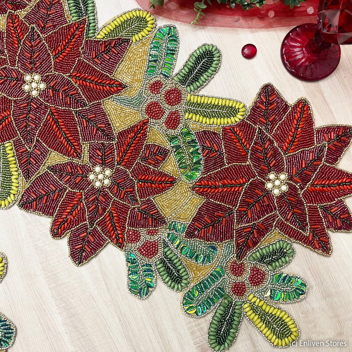 Christmas Flowers Beaded Table Runner - Poinsettia