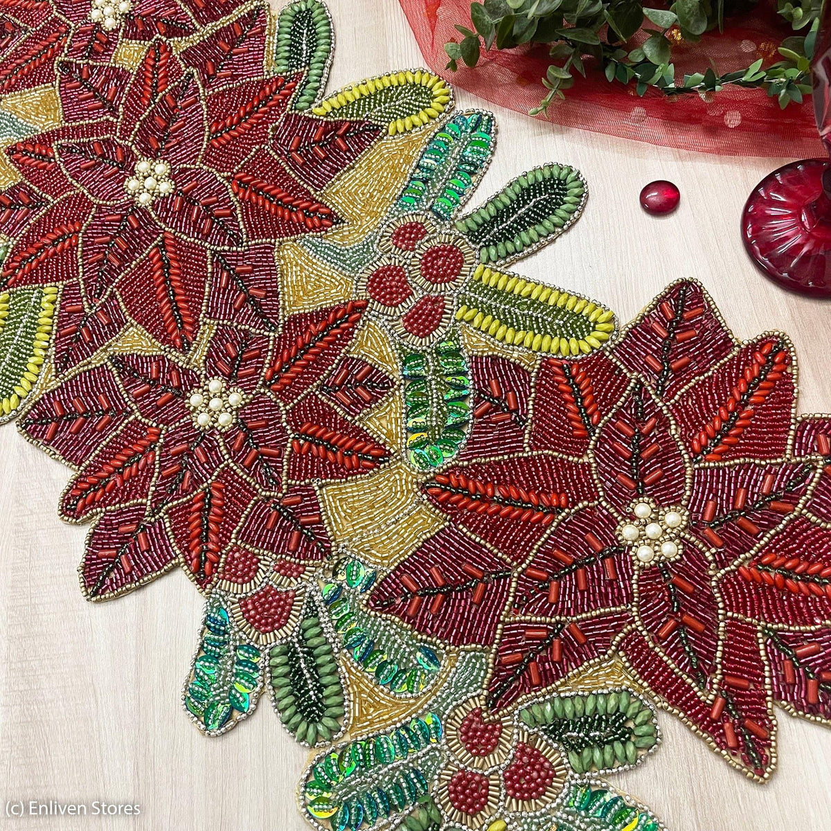 Christmas Flowers Beaded Table Runner - Poinsettia