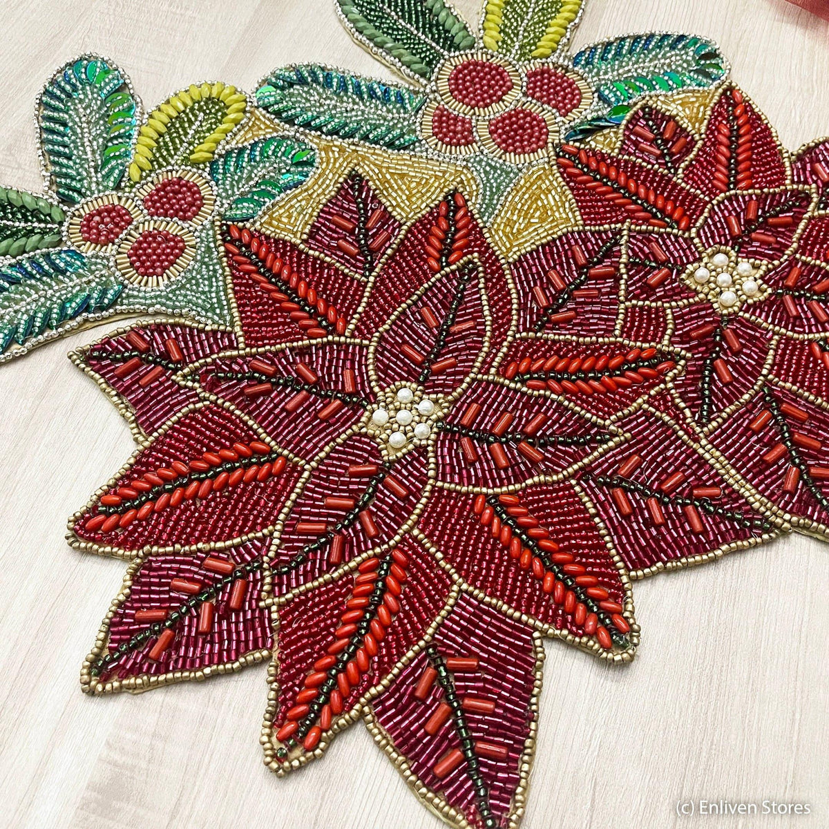 Christmas Flowers Beaded Table Runner - Poinsettia