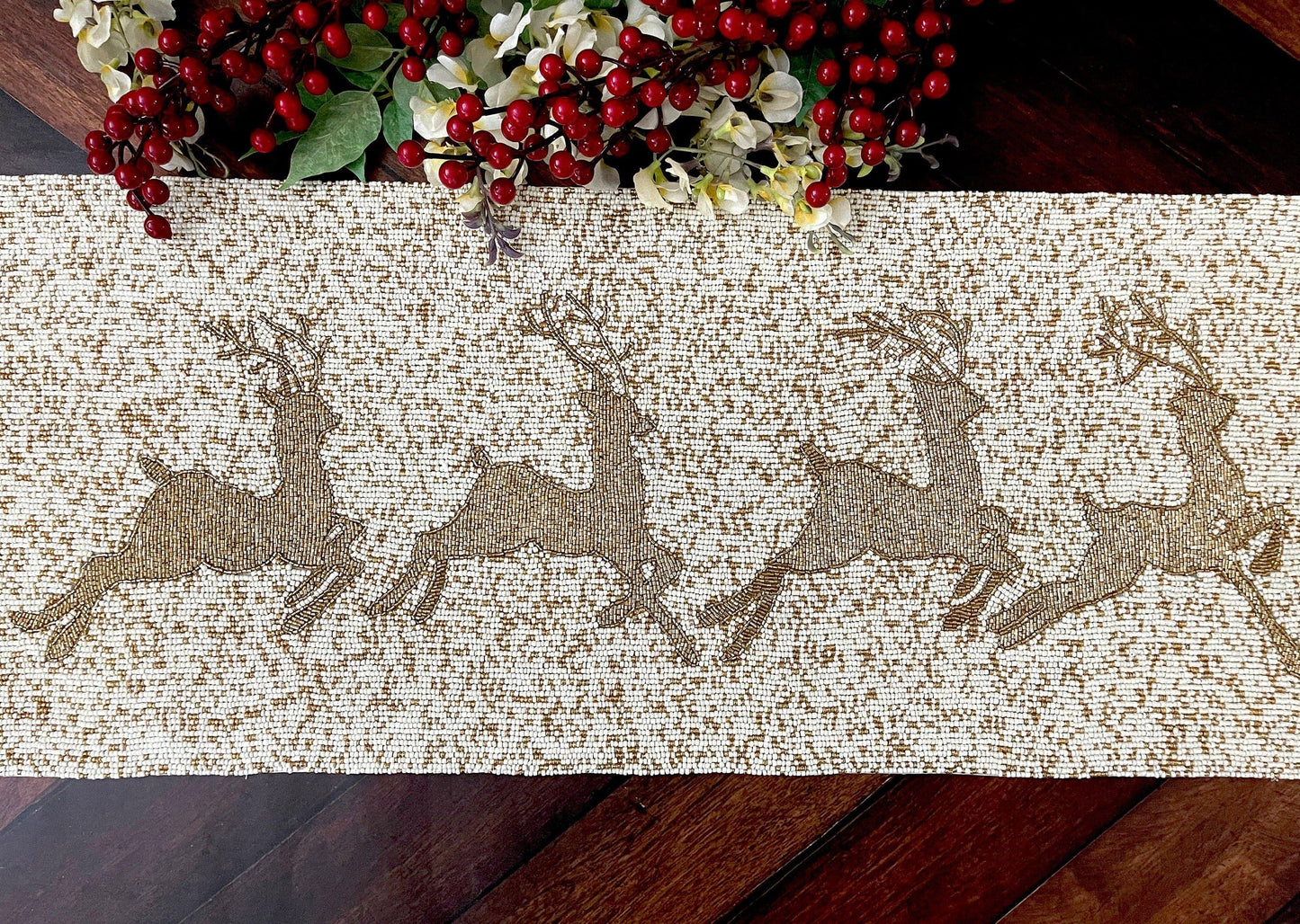 Christmas Golden Reindeer Beaded Table Runner - MAIA HOMES