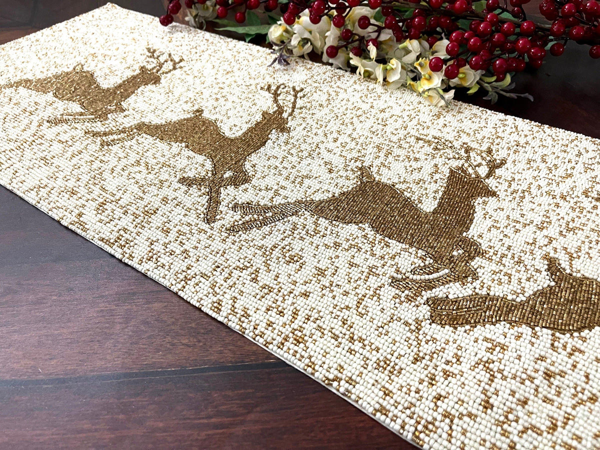 Christmas Golden Reindeer Beaded Table Runner