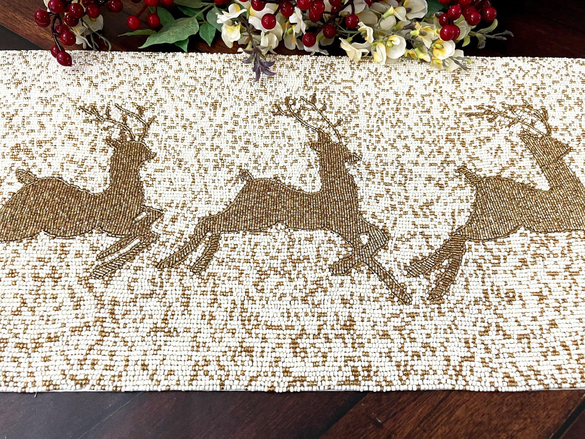 Christmas Golden Reindeer Beaded Table Runner