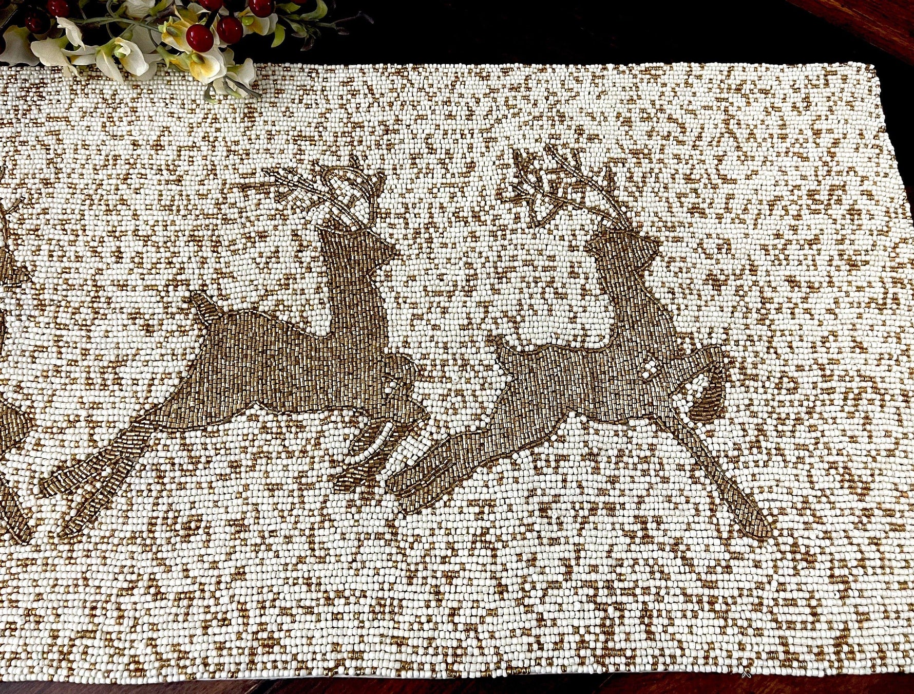 Christmas Golden Reindeer Beaded Table Runner