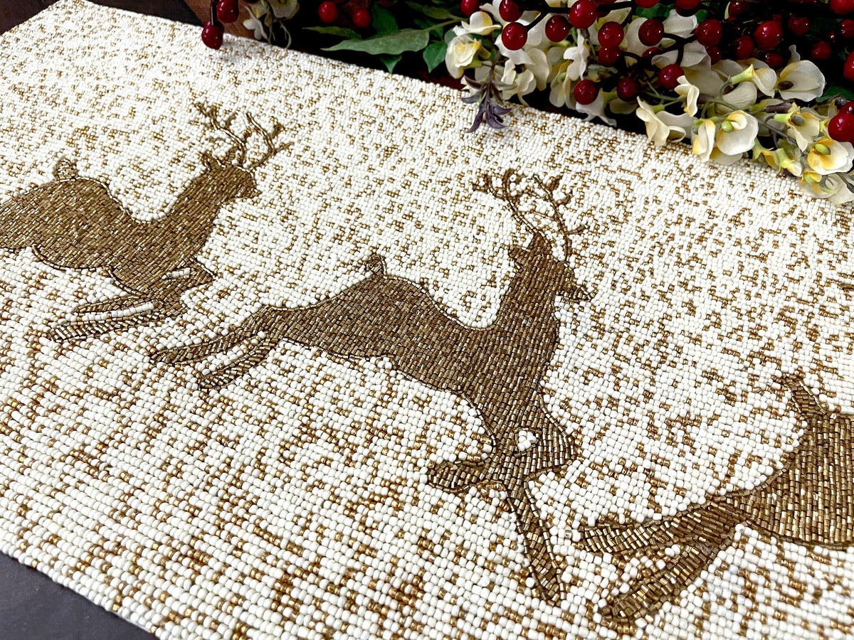 Christmas Golden Reindeer Beaded Table Runner