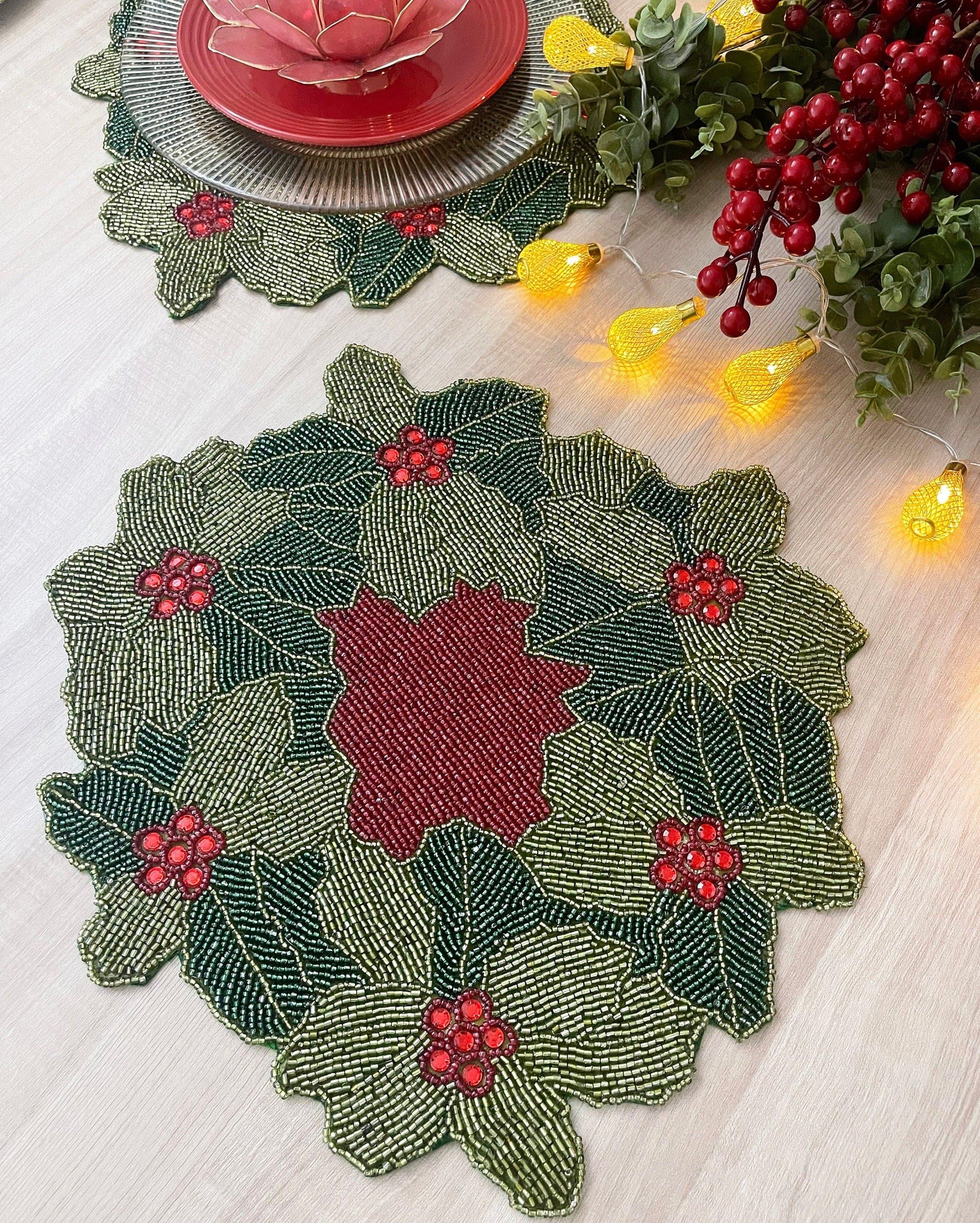 Christmas Holly Berry Bead and Crystal Placemat