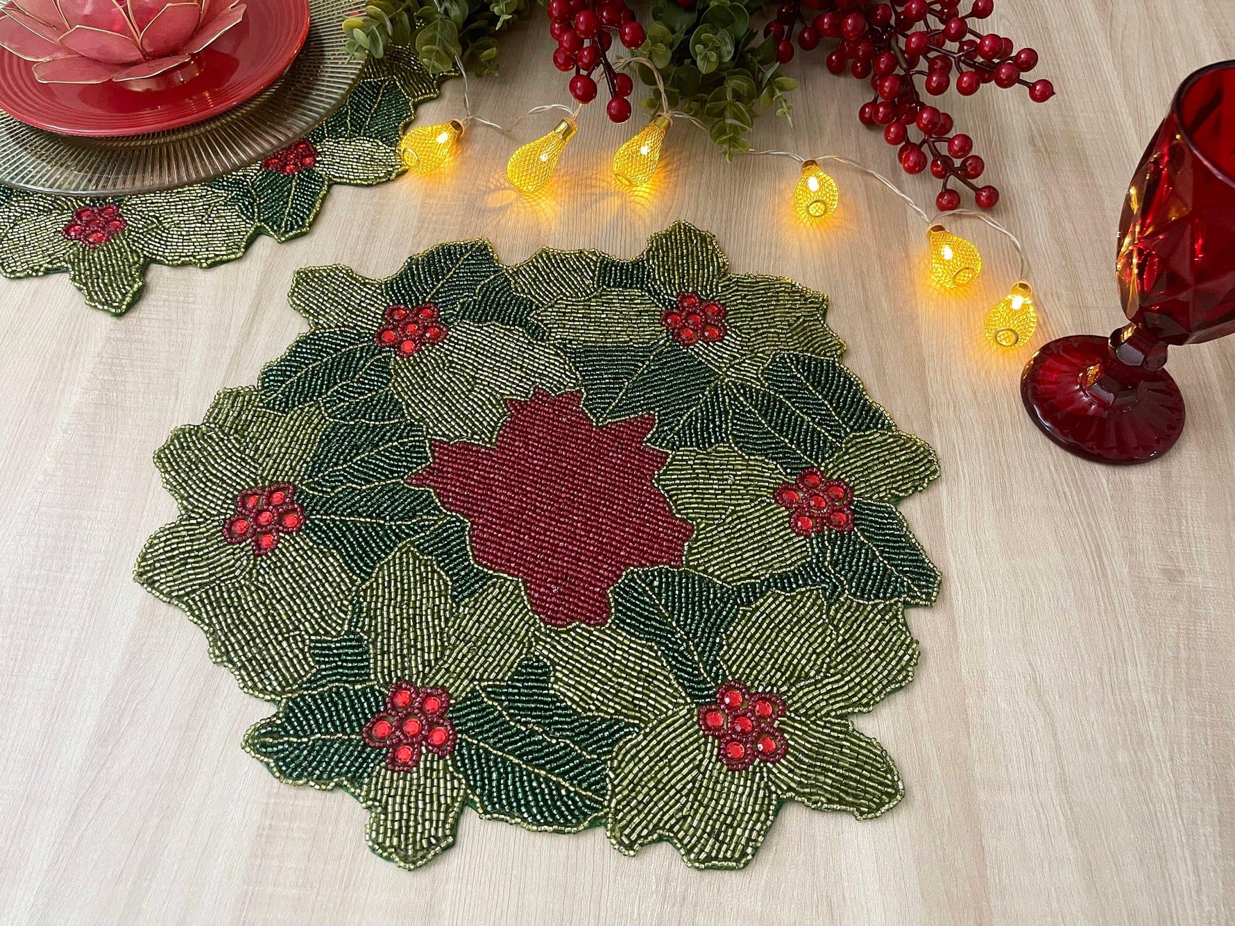 Christmas Holly Berry Bead and Crystal Placemat