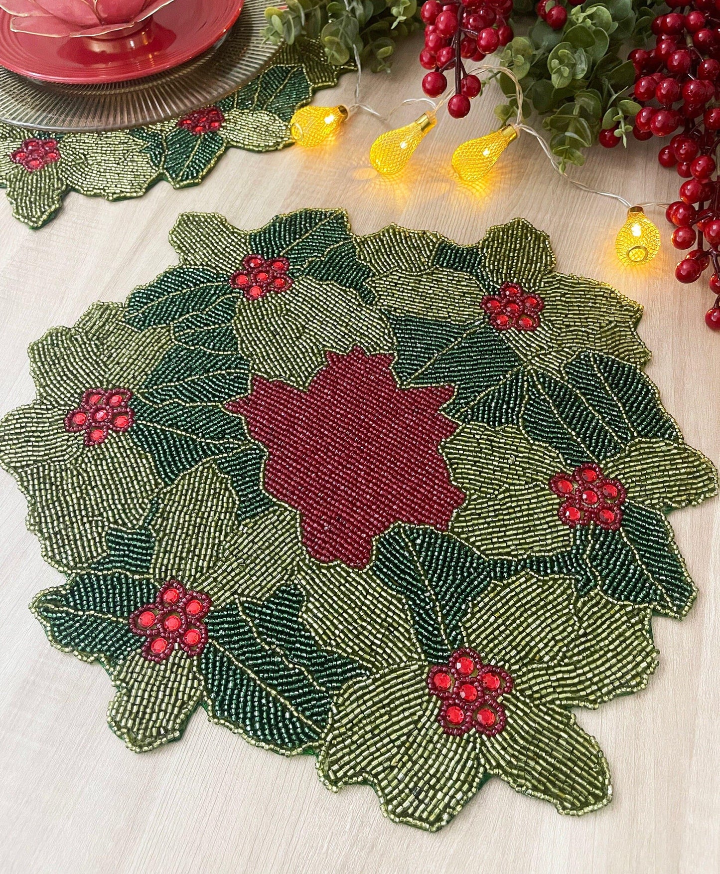 Christmas Holly Berry Bead and Crystal Placemat - MAIA HOMES