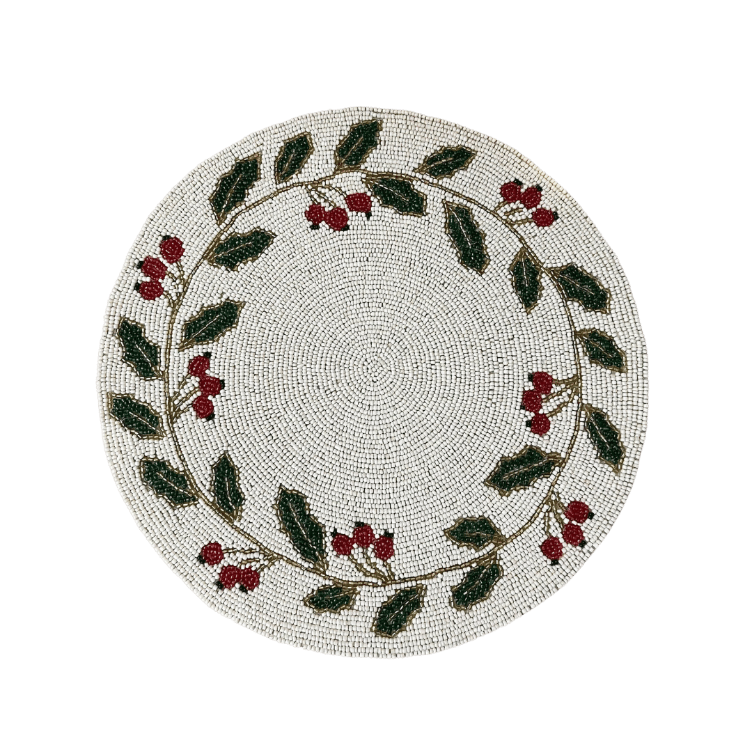 Christmas Holly Berry Leaves Round Beaded Placemat