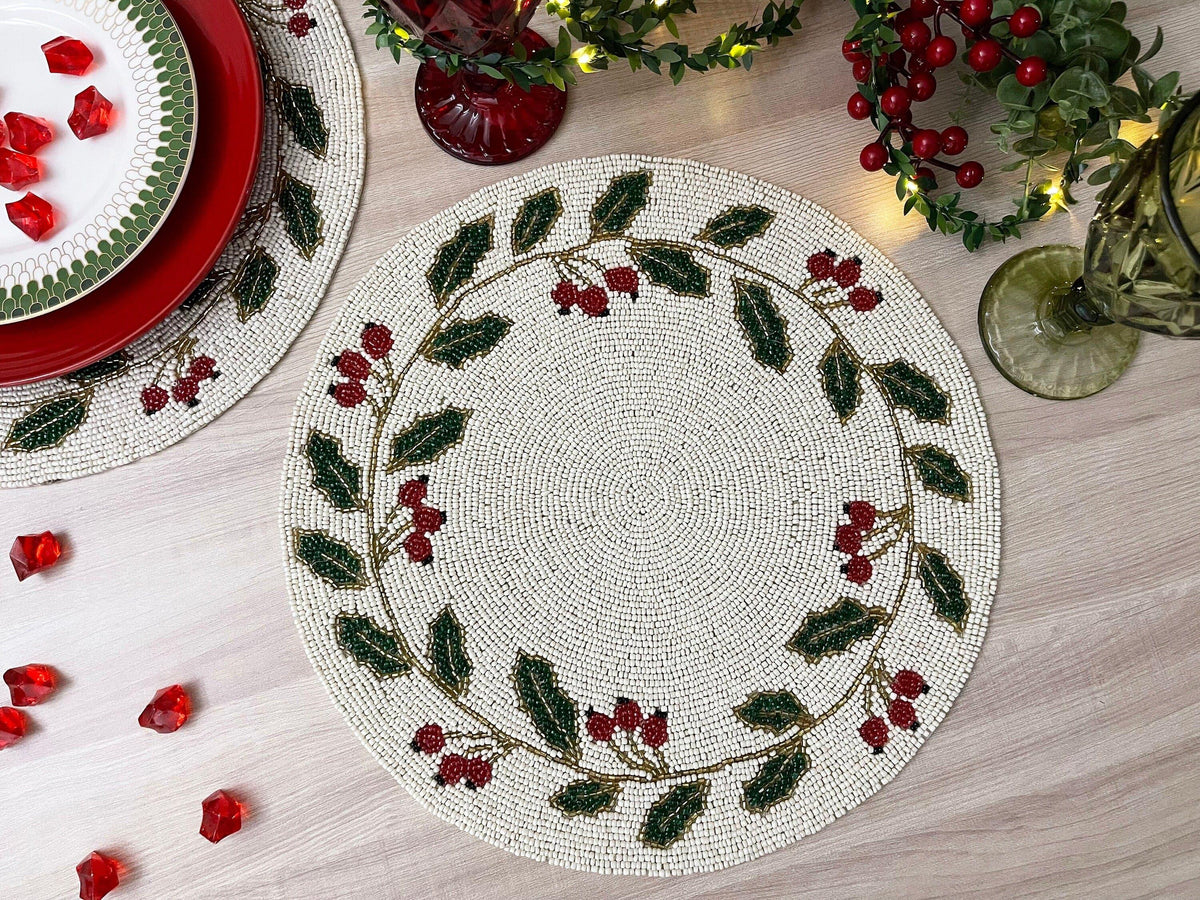 Christmas Holly Berry Leaves Round Beaded Placemat Set of 6