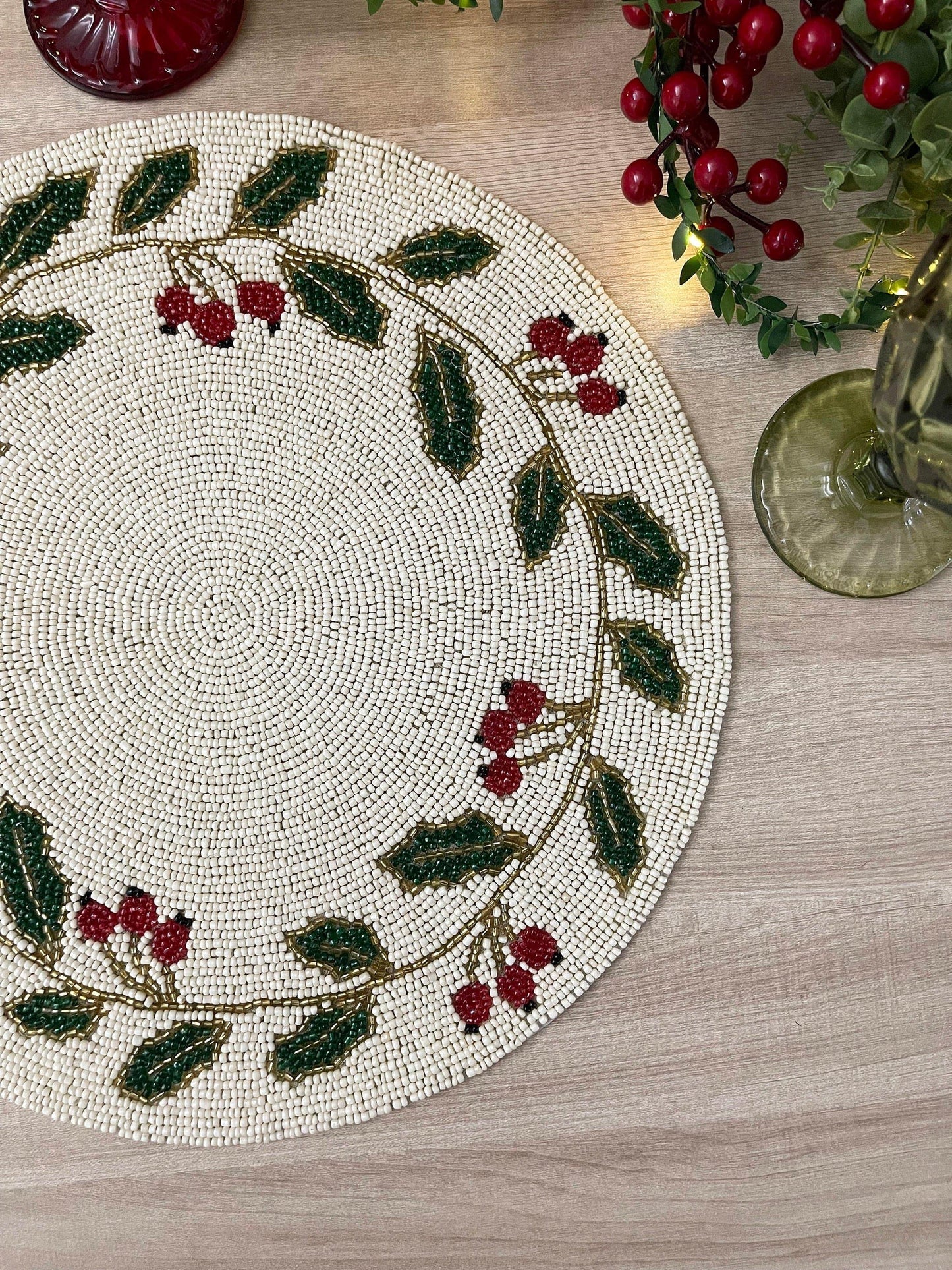 Christmas Holly Berry Leaves Round Beaded Placemat - MAIA HOMES