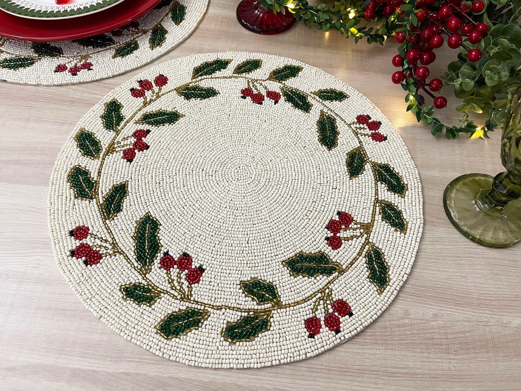 Christmas Holly Berry Leaves Round Beaded Placemat