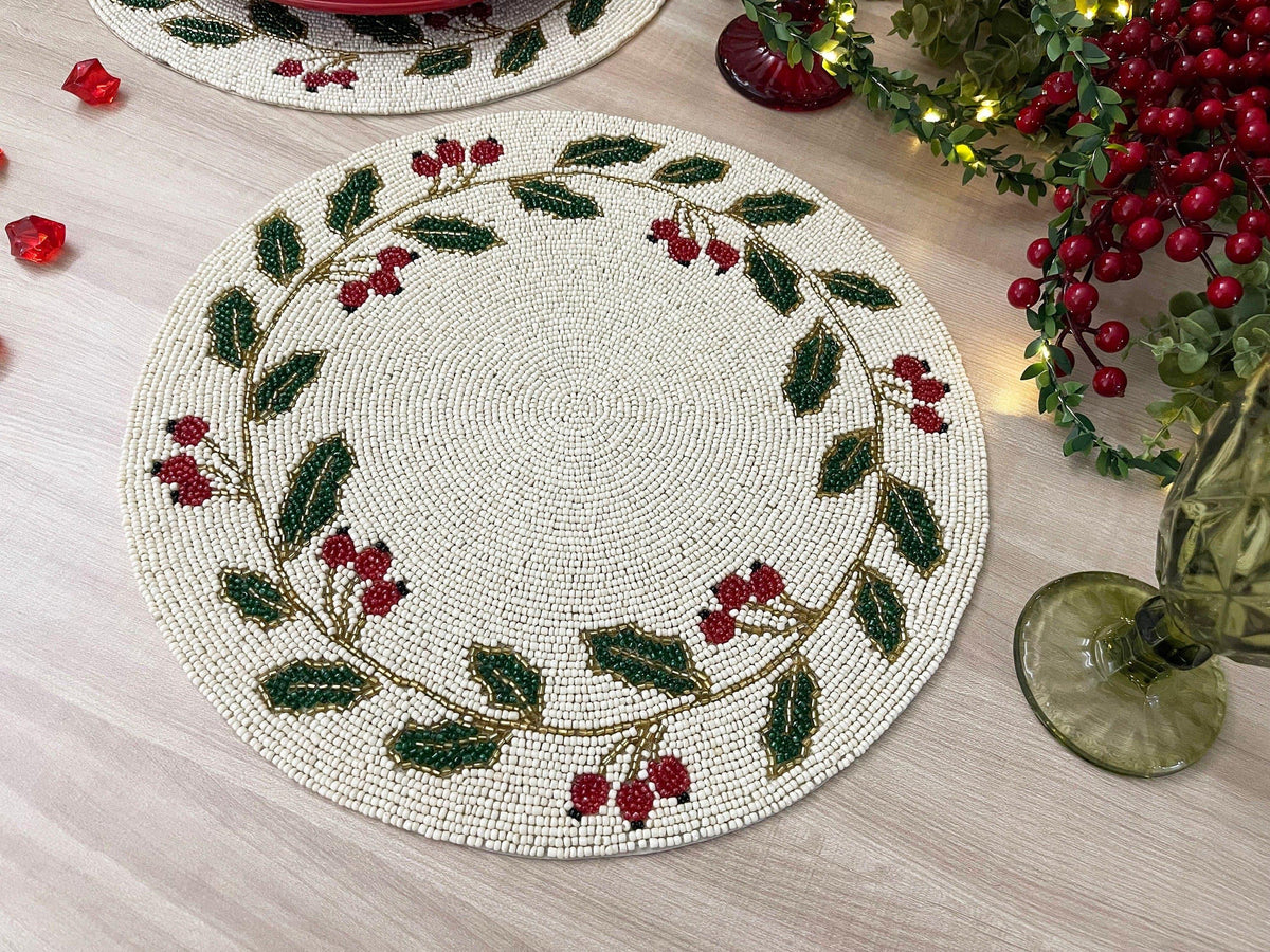 Christmas Holly Berry Leaves Round Beaded Placemat