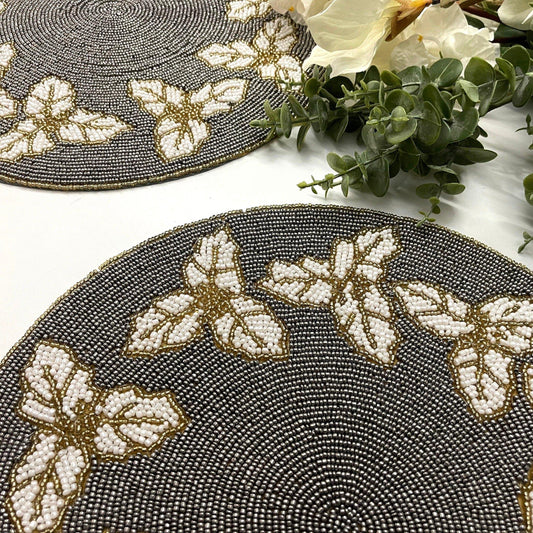 Christmas Holly Berry Round Beaded Placemat - Mercury - MAIA HOMES