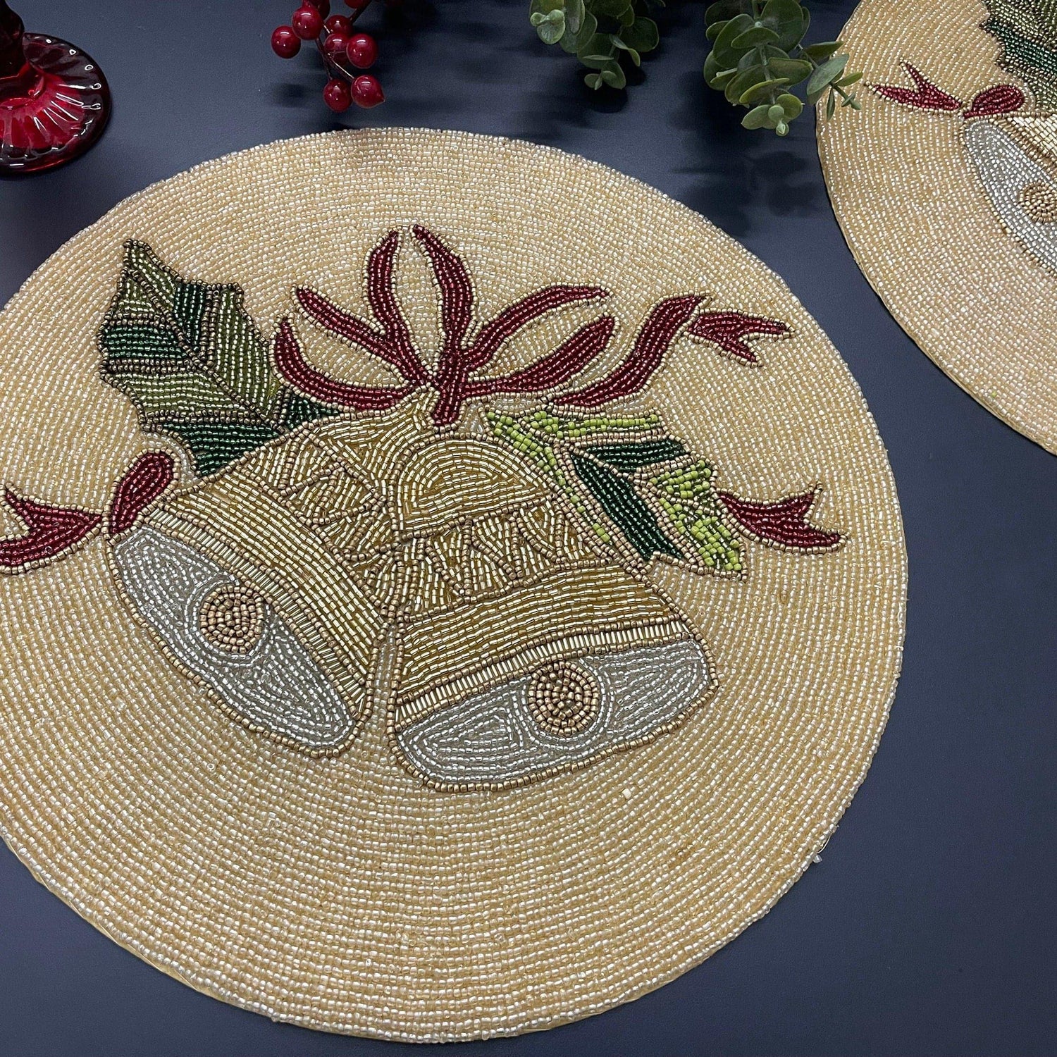 Christmas Jingle Bells Round Beaded Placemat - Set of 6