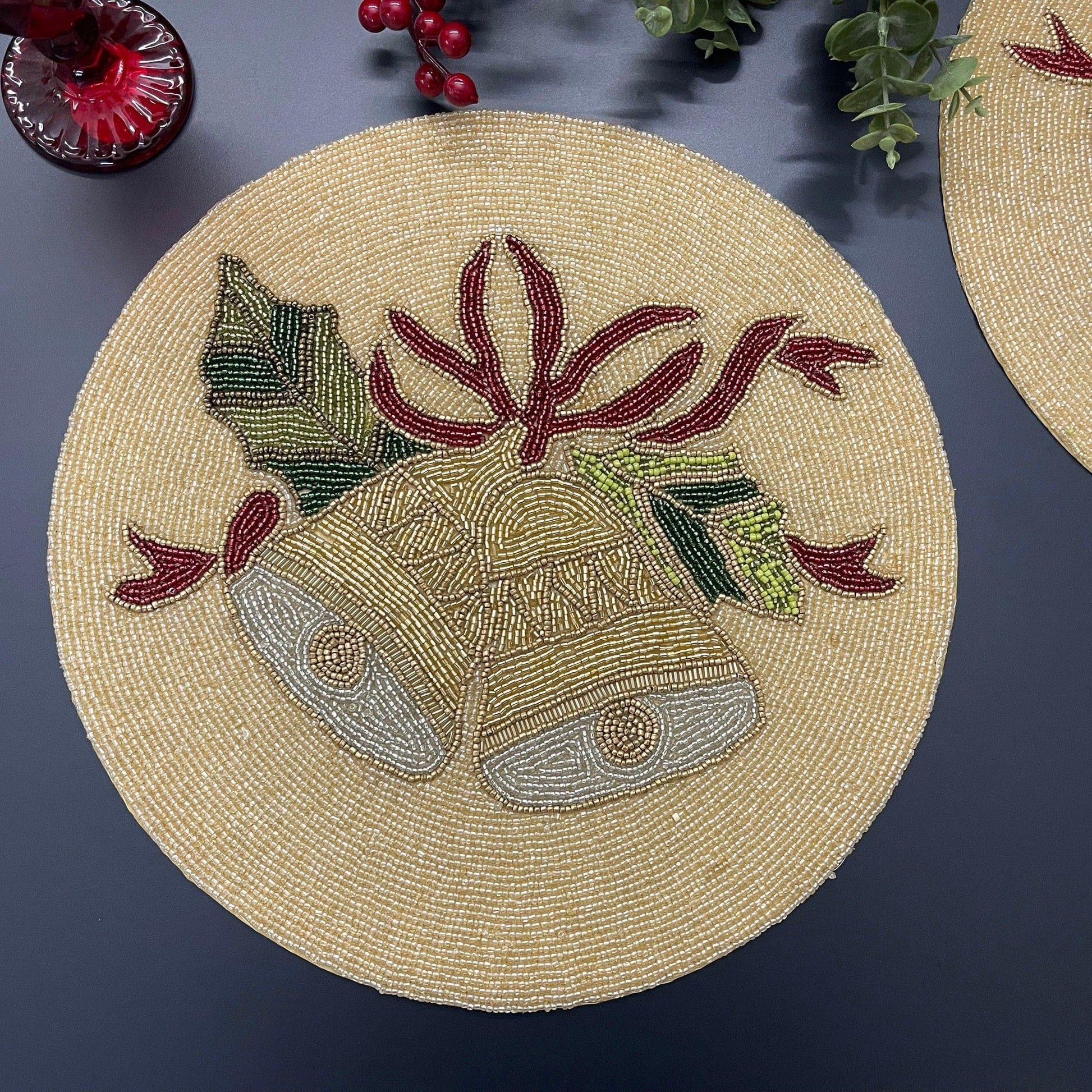Christmas Jingle Bells Round Beaded Placemat - Set of 6 - MAIA HOMES