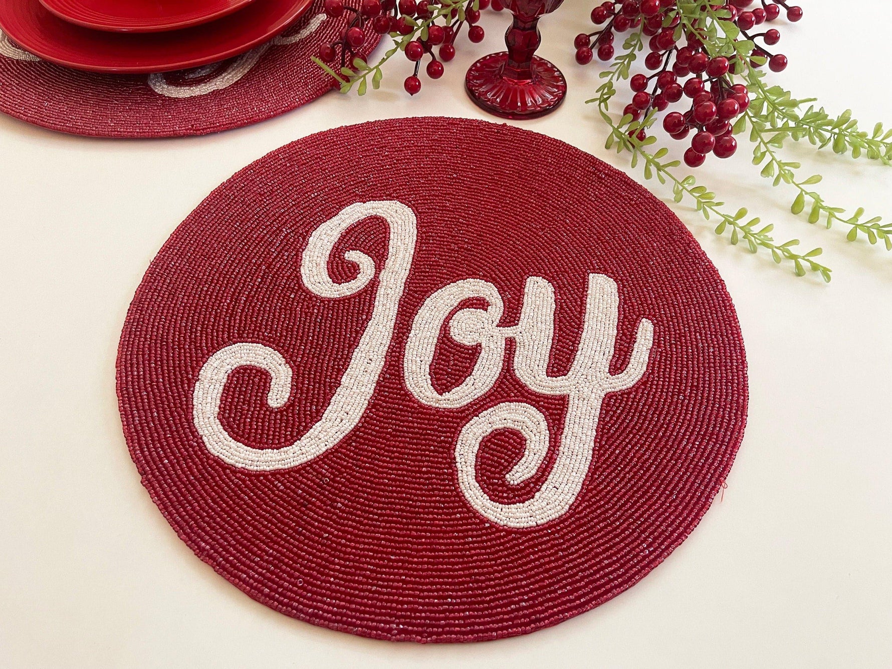 Christmas 'Joy' Round Beaded Placemat - Set of 6