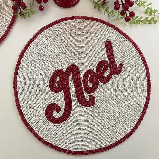 Christmas 'Noel' Round Beaded Placemat set of 6 - MAIA HOMES