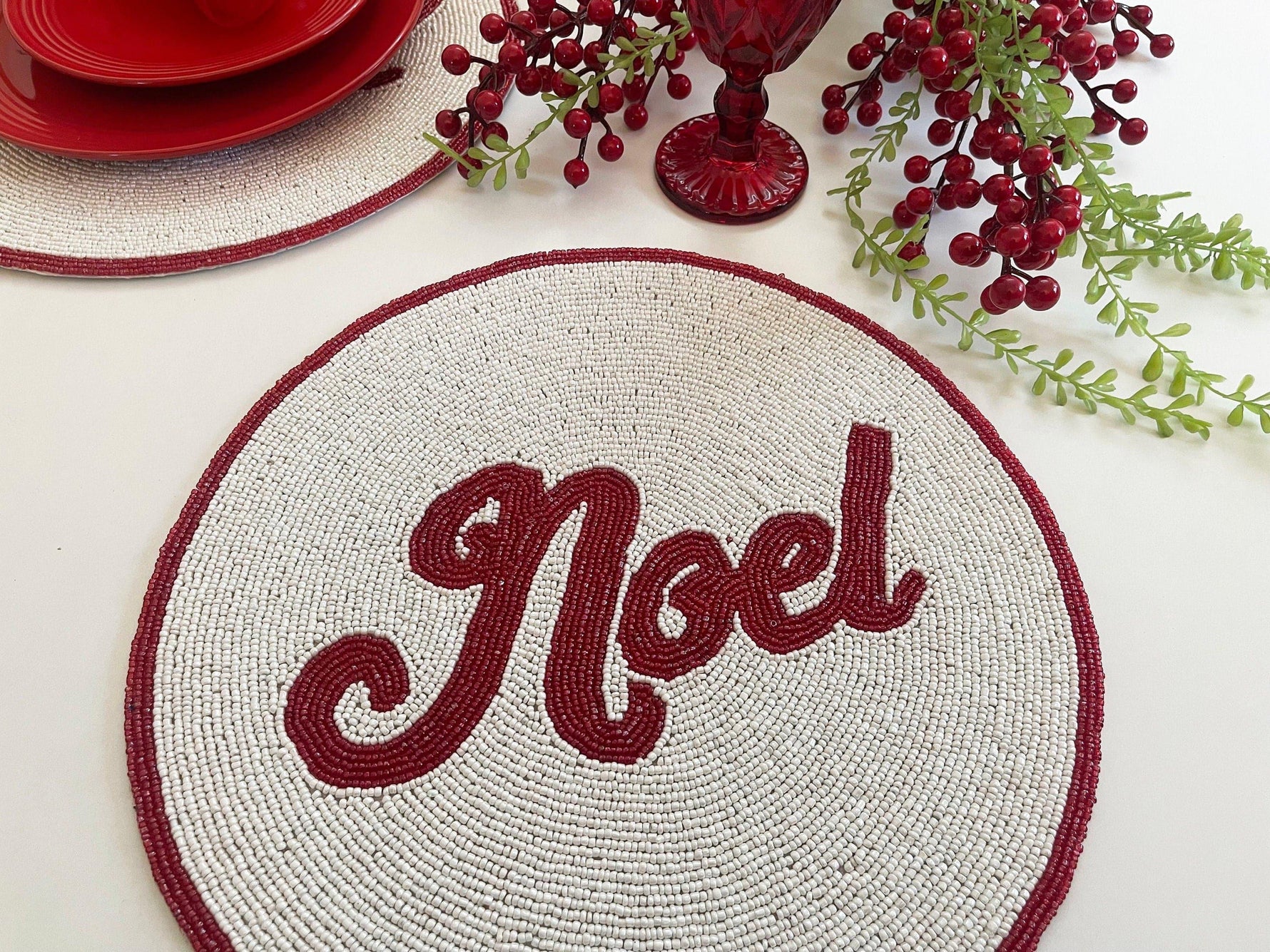 Christmas 'Noel' Round Beaded Placemat set of 6