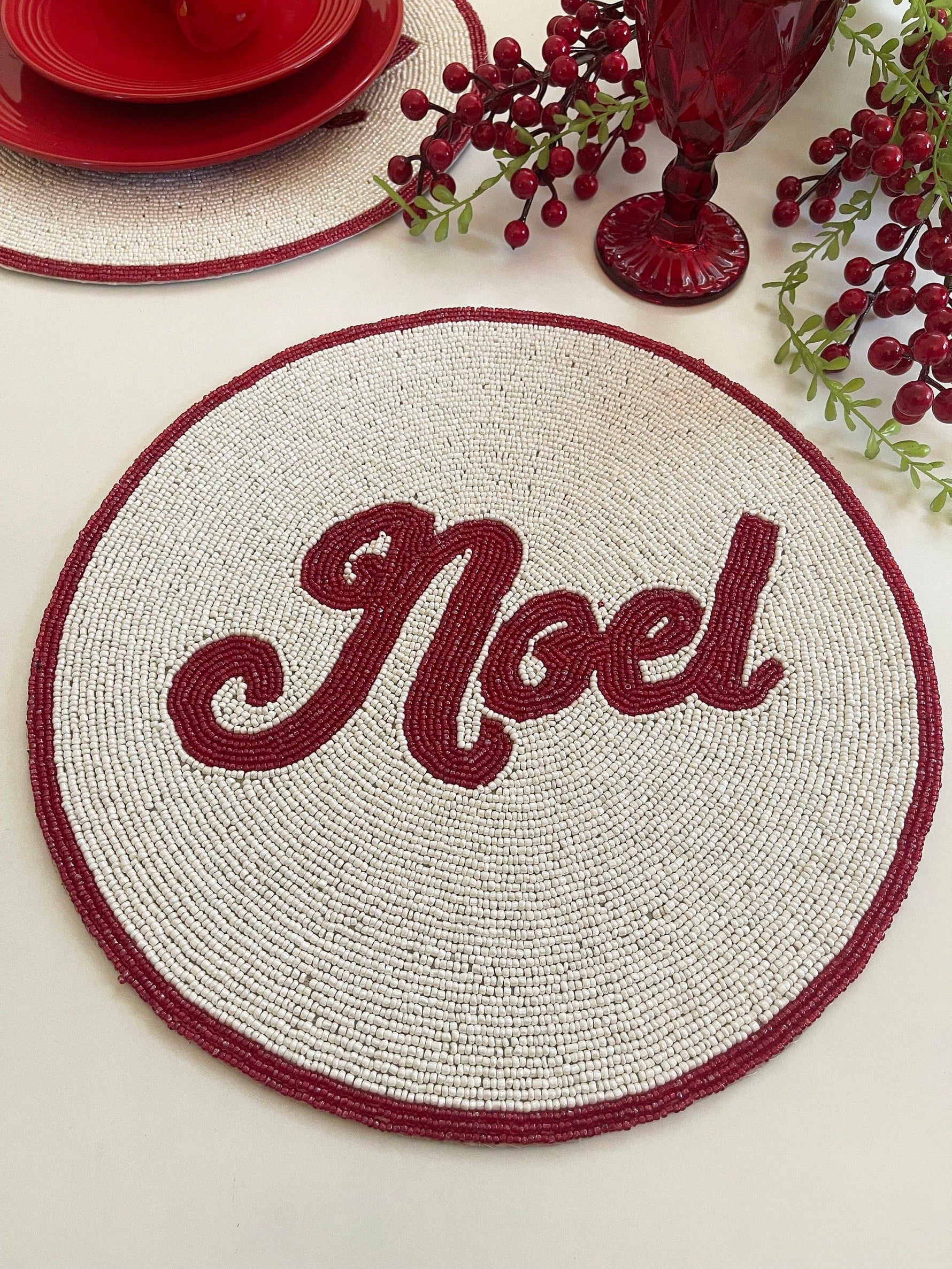 Christmas 'Noel' Round Beaded Placemat set of 6