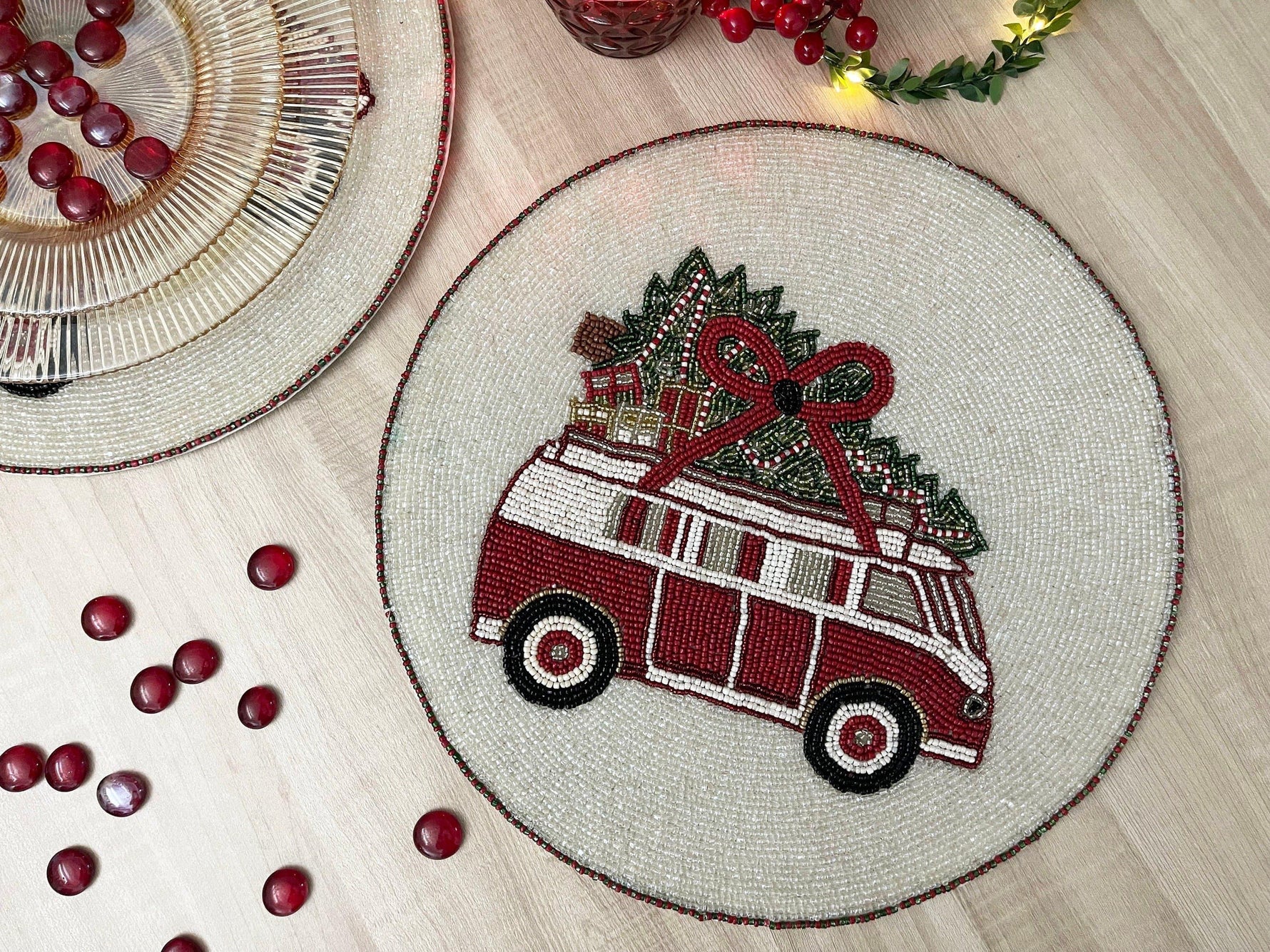 Christmas Red Volkswagen Van Round Beaded Placemat - Set of 6