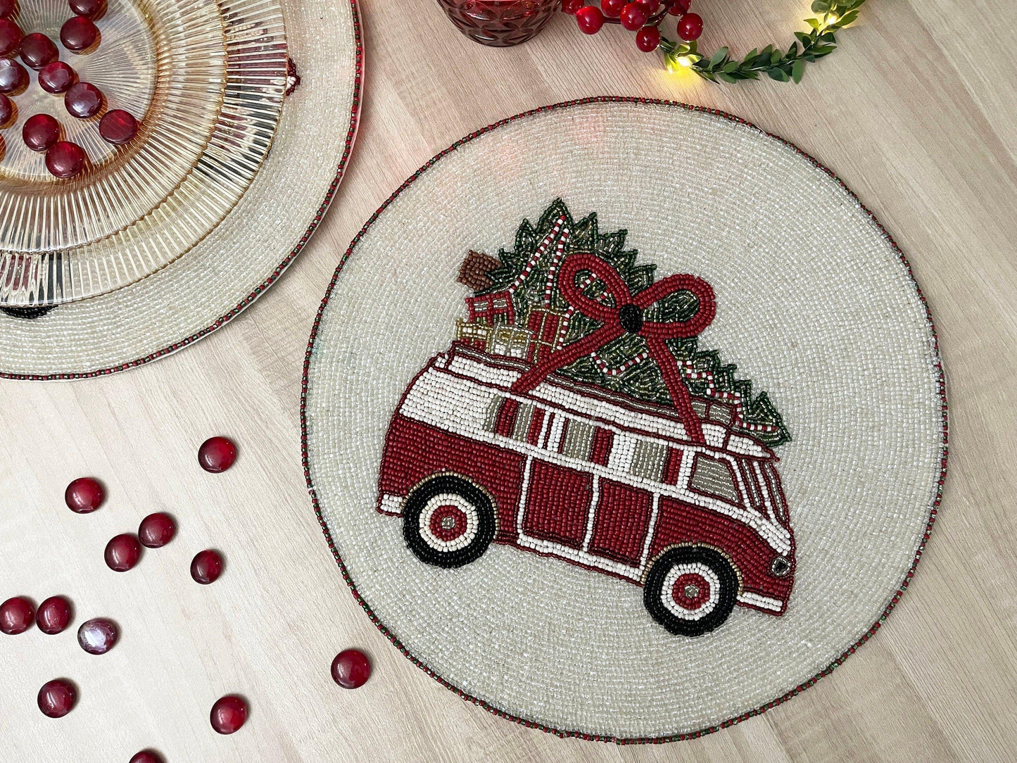 Christmas Red Volkswagen Van Round Beaded Placemat - Set of 6 - MAIA HOMES