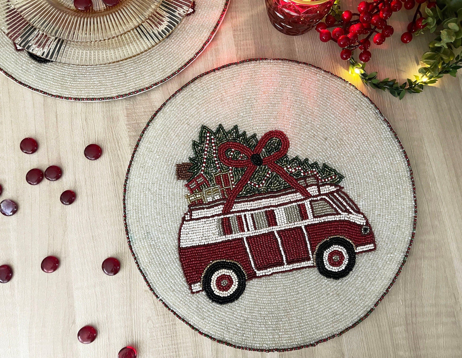 Christmas Red Volkswagen Van Round Beaded Placemat - Set of 6 - MAIA HOMES