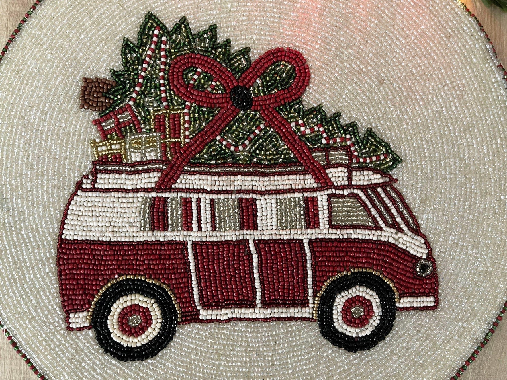 Christmas Red Volkswagen Van Round Beaded Placemat - Set of 6