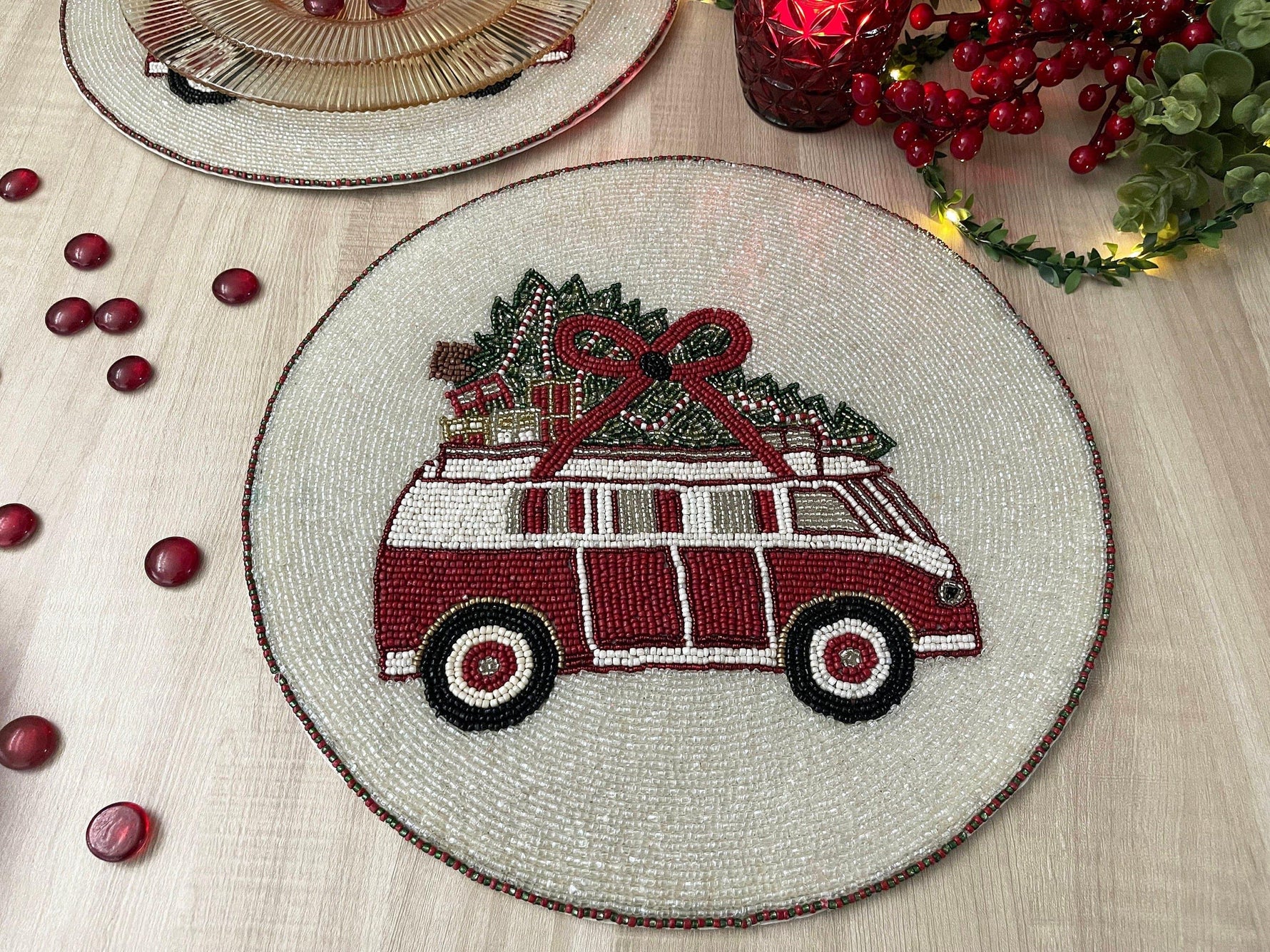 Christmas Red Volkswagen Van Round Beaded Placemat - Set of 6