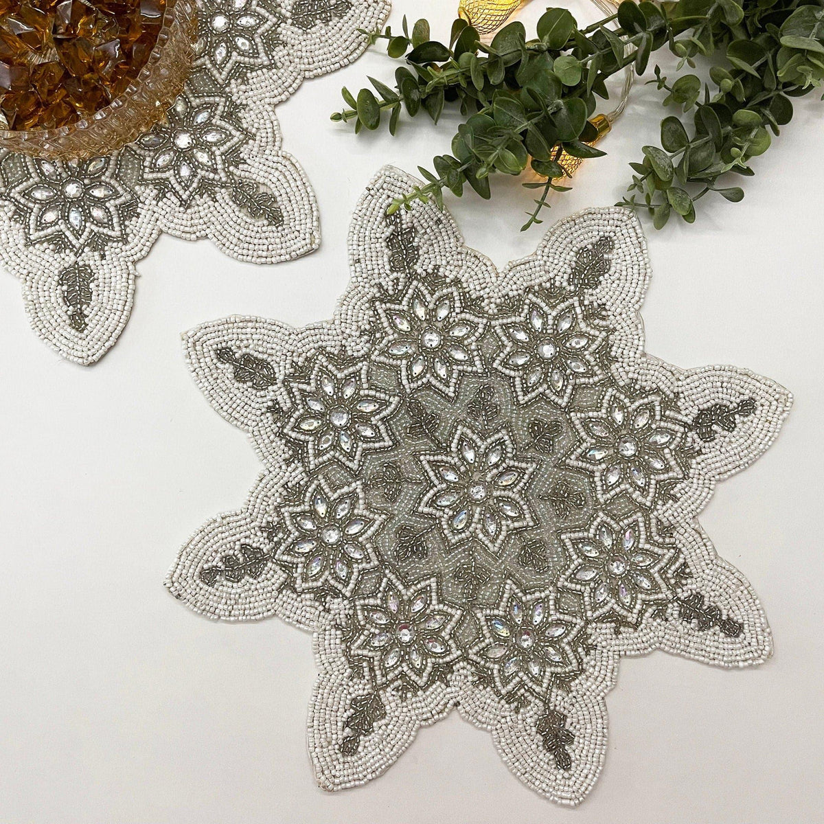 Christmas Snowflakes Beaded Placemat - Set of 2