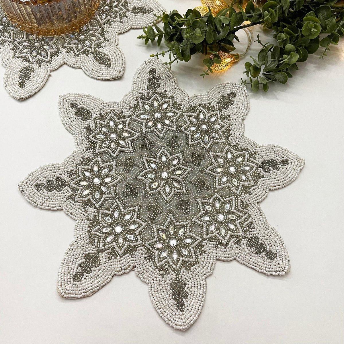 Christmas Snowflakes Beaded Placemat - Set of 2