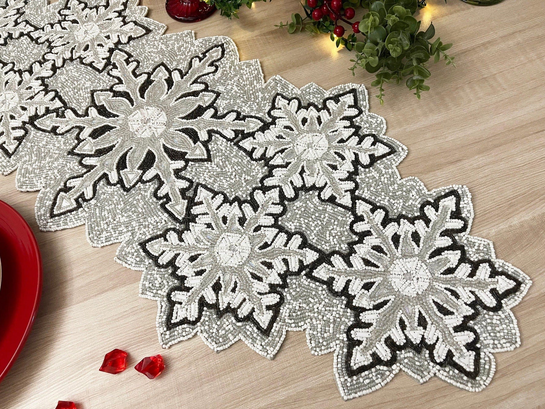 Christmas Snowflakes Beaded Table Runner